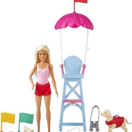 Barbie -Playset Bambola Bagnina con Costume Rosa, Cane e Tanti Accessori, Giocattolo per Bambini 3+ Anni, GTX69