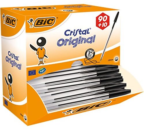 BIC Penne Nere a Sfera, Cristal Original, Punta Media, 1.00 mm, Confezione 90+10 Penne, Fornitura per Cancelleria Scuola e Ufficio