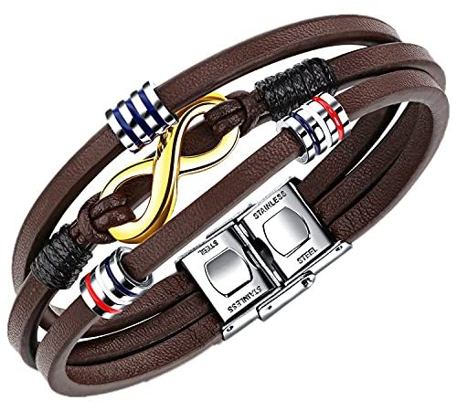 Bracciale da uomo in pelle nera Marrone intrecciata, Braccialetto con simbolo dell'infinito, Bracciali in vera pelle, ideale come regalo 21cm