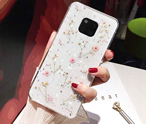 Custodia Compatibile con Huawei Mate 20 Pro Articolo Trasparente Silicone TPU Morbido Leggero Vero Fiore Fiori Secchi Paillettes Glitter Bling Ultrasottile Flessibile Protettiva Bumper Case,Rosa