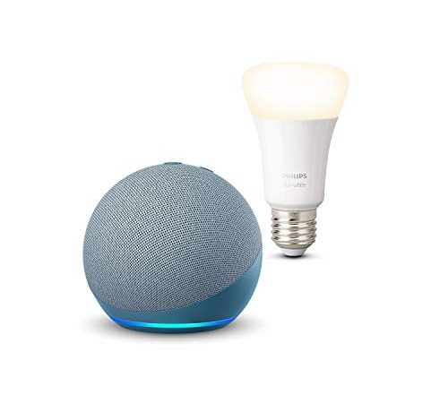 Echo Dot (4ª generazione), Ceruleo + Philips Hue White Lampadina Connessa (E27), compatibile con Alexa