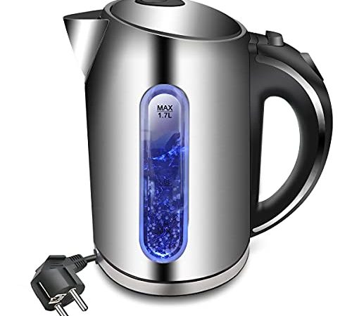 EXTRASTAR Bollitore Acqua Elettrico, Bollitore da 1,7L in inox con indicatore luminoso a LED blu,2200W, bollitore elettrico senza BPA con spegnimento automatico e protezione da bollitura a secco.