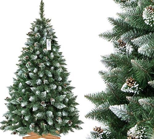 FairyTrees Pino Naturale con Punte innevate, Albero di Natale Artificiale, PVC, pigne Naturali, Supporto in Legno, 180cm