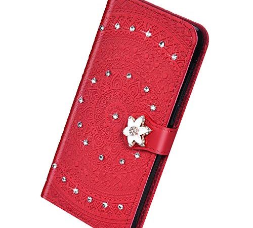 Herbests Cover Compatibile con Huawei P20 Lite Flip Case Custodia Portafoglio in Pelle Cover a Libro Custodia Mandala Brillantini Diamante Strass Case Cover con Funzione Stand,Rosso