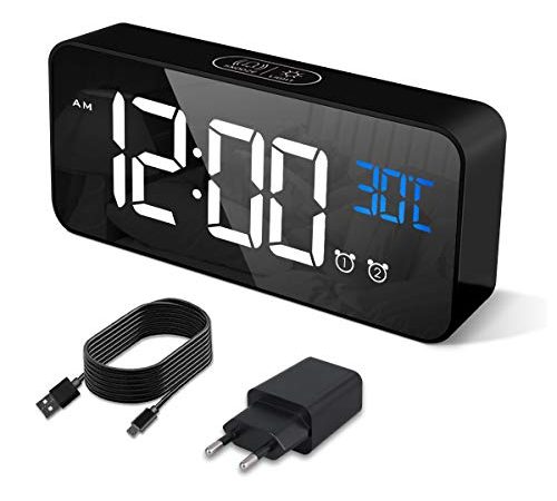 HERMIC Sveglia Digitale, Sveglia da Comodino con Temperatura, Orologio digitale con 2 Allarme, Snooze, 4 Livelli di luminosità, Controllo Vocale, USB Ricaricare, Sistema 12/24 Ore (Nero)