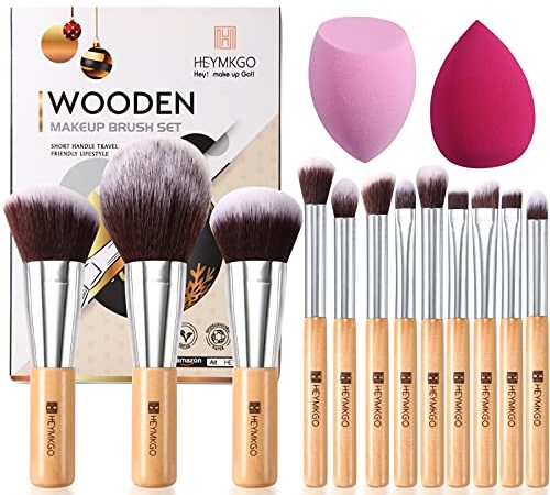 HEYMKGO - Pennelli Make Up professionali Set di 12 pennelli trucco vegani ecologici, manico professionale in legno con setole morbide, fondotinta, fard, ombretto, eyeliner, sopracciglia