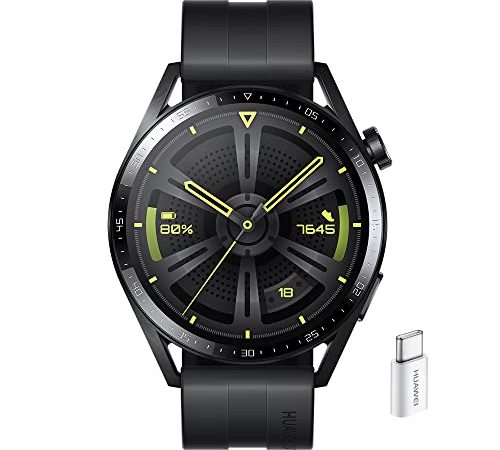 Huawei Watch GT 3 46 mm Smartwatch, Batteria di Lunga Durata, Monitoraggio SpO2, AI Running Coach, Monitoraggio Frequenza Cardiaca, Oltre 100 Modalità di Allenamento, con Adattatore AP52, Black