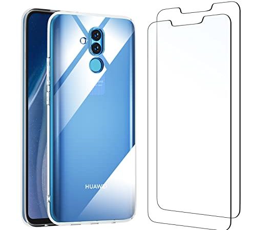 NEW'C Cover per Huawei Mate 20 Lite Gel TPU in silicone ultra trasparente e 2 × vetro temperato per Huawei Mate 20 Lite, Pellicola proteggi schermo