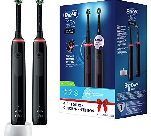 Oral-B Pro 3-39 Spazzolino Elettrico 2 Spazzolini, Sensore di Pressione, Ideale per Denti Sensibili 2 Testine, Batteria Litio, Idea Regalo, Nero