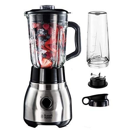 Russell Hobbs Frullatore con Lama 4 Punte Aacciaio Inox Rimovibile + Smoothies Mixer 600 ml, 1.5 L, Vetro e Acciaio Resistente, Borraccia Sport, 600 W, 23821-56 [Esclusiva Amazon]