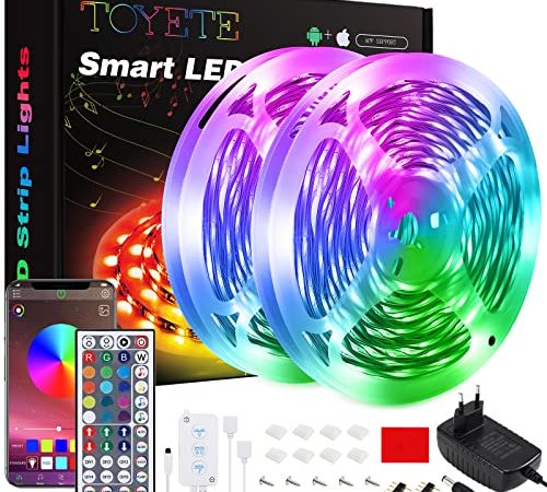 Striscia LED 20 Metri,Toyete Luci LED Colorate RGB SMD 5050 12V Strisce LED con APP Bluetooth e 44 Tasti Telecomando,Funzione Musicale & Luminosità Regolabile Nastri Led Per Cucina, Bar, Feste