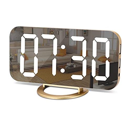 Sveglia a specchio, Sveglia digitale Ampio display a LED da 6,5 "con modalità di rilevamento della luce, luminosità regolabile, 2 porte di ricarica USB Grande pulsante SNOOZE (oro)