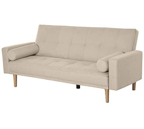 HOMCOM Divano Letto 3 Posti con Schienale Regolabile su 3 Livelli, 2 Cuscini e Braccioli Rimovibili, Beige, 186x84x85cm