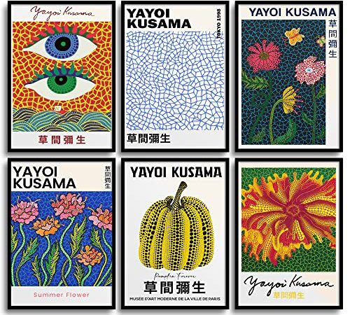 MONOKO® Yayoi Kusama - Set di immagini, poster vintage, rétro, stampe artistiche da parete, per soggiorno, 6 x A4, senza cornice