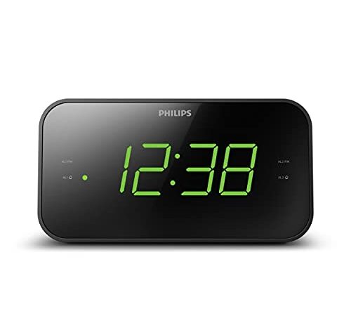 PHILIPS Sveglia con Radio e Display da Letto, Radio Digitale con Doppio Allarme, Sleep Timer e Funzione Snooze, Portatile con Batteria di Backup, Nero con Ampio Display, Nuova Versione