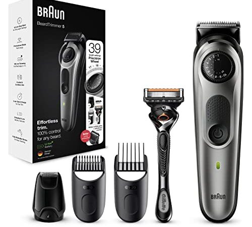 Braun Beard Trimmer 5 Regolabarba Tagliacapelli Uomo, Rasoio e 3 Accessori inclusi, 39 Impostazioni di Lunghezza, Ideale per Viso e Barba, Idea Regalo, BT5365 Nero e Grigio Metallizzato