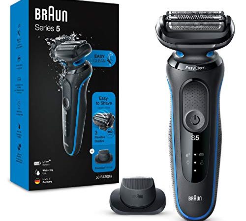 Braun Series 5, Rasoio Elettrico Barba Accessorio di precisione Incluso, con Lame Flessibili, Base di Ricarica, Uso a Secco o Sotto Acqua, Idea Regalo, 50-B1200s Nero e Blu