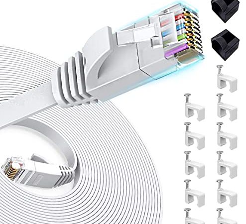 Cavo di rete 15m - CAT6 Ethernet Gigabit Lan (RJ45) - 10/100/1000Mbit/s - Cavo patch - UTP - compatibile con CAT5/CAT.5e/CAT.7 - Switch/Router/Modem/Access Point/Campi patch - Clip Gratuite - Bianco