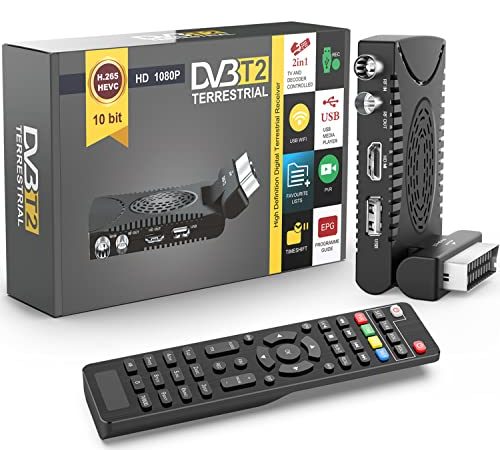 Decoder Digitale Terrestre - DVB-T2 HD 1080P Ricevitore H265 HEVC Main 10 Bit, Mini Scart Supporto USB WiFi/PVR/Multimedia [Include un Telecomando Universale 2in1]