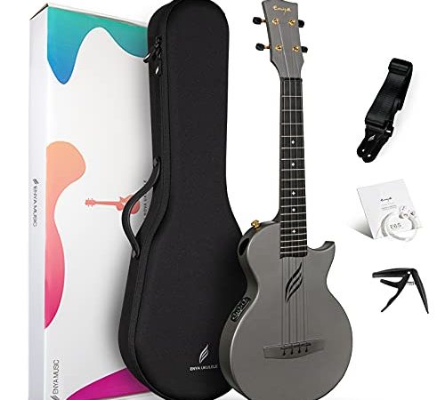 Enya Ukulele tenore 60,5 cm in fibra di carbonio Acousticplus Cutaway Travel Ukelele per adulti con kit di lezioni video online, custodia, cinghia, capotasto e corde (Nova UE Pro nero)