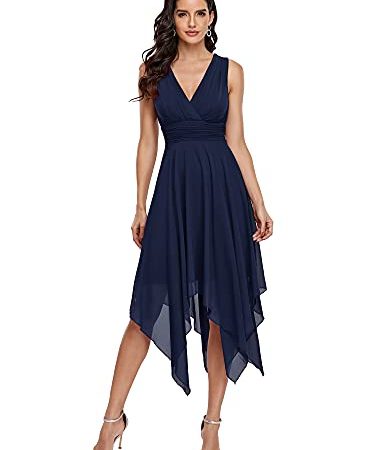 Ever-Pretty Abito da Ballo d'Onore Scollo a V Midi in Chiffon con Orlo Asimmetrico a Vita Impero con Doppio da Donna Blu Navy 40EU