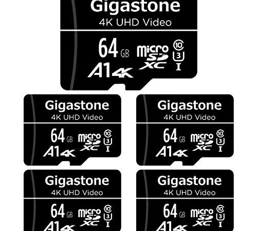 Gigastone Micro sd 64 GB, Set da 5, A1 U3 4K, per Telefono Fotocamere Videocamere Dashcam GoPro DJI Drone Fino a 95/35 MB/s (R/W) con Adattatore Scheda Micro SD