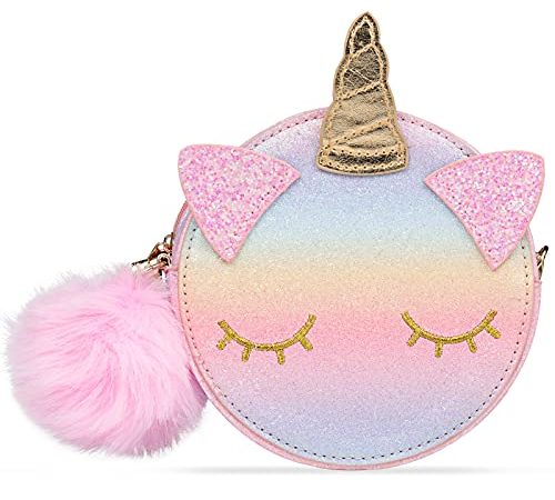 Jolintek Borsa Tracolla Bambina, Unicorno Borsetta Bambina, Borsa a Tracolla Unicorno Piccola Borsa a Tracolla con Borsa Glitter Paillettes per Bambini, Regolabile Messenger Tracolla per Bambini