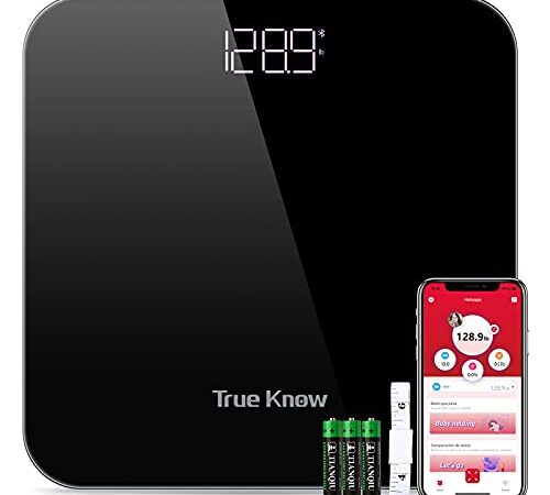 TRUE Know Bilance Digitali, Bilancia Meccanica Misurazione Precisa con Tecnologia Step-on, Bilancia Grande display a LCD per IOS e Android, 80kg/400lb, Nero