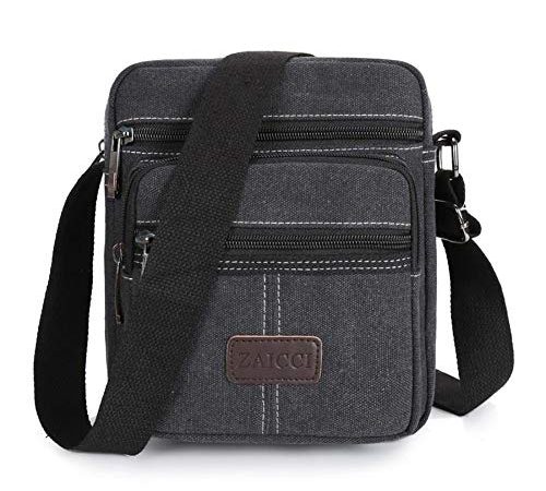 ZAICCI Borsa Uomo Tracolla in Tela, Borsello Vintage a Spalla con Multe Tasche a Zip (Nero)