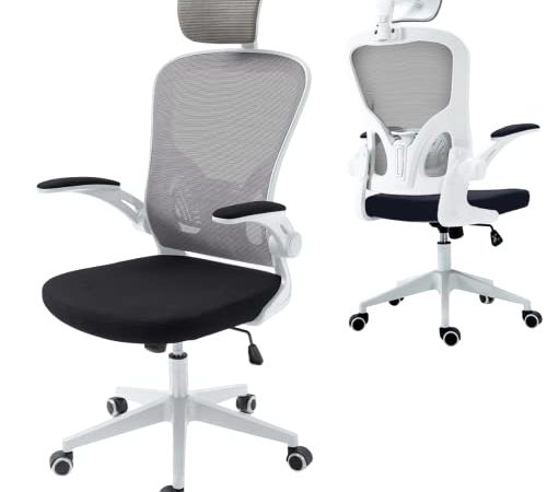 ZIK Sedia da Ufficio Ergonomica con Braccioli Pieghevoli e Poggiatesta Oscillante, Poltrona Girevole con Supporto Lombare, Altezza Regolabile– 62x63x129 (Gray)