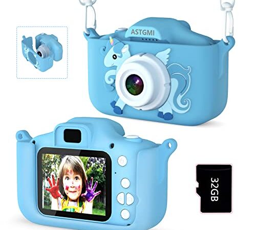 ASTGMI Macchina Fotografica Bambini, 12MP Mini Ricaricabile Fotocamera Digitale Bambina Videocamera Regalo per Ragazze Ragazzi 3-10 Anni, con Scheda 32 GB, Regali Giocattolo di Natale & Compleanno