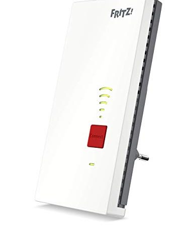 AVM FRITZ!Repeater 2400 International , ripetitore/estensore segnale Wi-Fi AC+N (Dual Band fino a 1.733 MBit/s a 5GHz + 600MBit/s a 2,4 GHz), Rete Mesh, 1x Gigabit-LAN, WPS, interfaccia in italiano