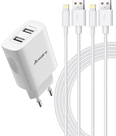 Avoalre 12W Caricatore iPhone con 2 Porte USB + 2 Pack Cavo Lightning 2M Certificato MFi Ricarica Rapida Caricatore USB 2.4A Compatibile per iPhone SE 2020 11 12 13 Pro XS X XR 8 7 6 iPad, Bianco