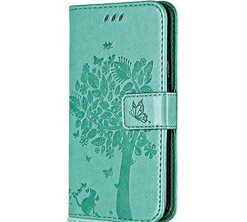 Conber Cover per Huawei Mate 20 Lite, Custodia in Pelle PU con Interno TPU Antiurto, Serie Gatto e Albero Flip Case Cover Custodia Portafoglio per Huawei Mate 20 Lite - Verde