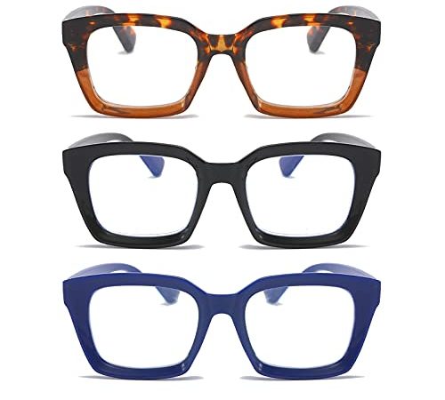 MMOWW Confezione da 3 Occhiali da Lettura Rettangolari - Oversized Square Frame Anti Luce Blu Occhiali donna uomo (Nero+Blu+Tartaruga, +2.0)