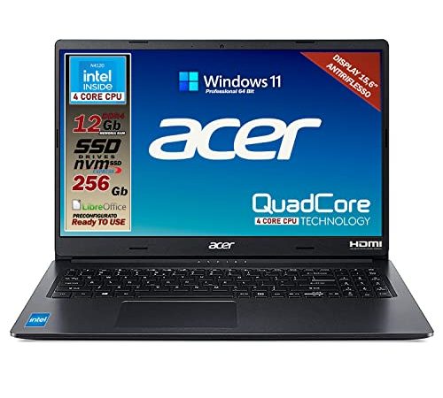 Notebook SSD, portatile pc, Acer Intel N4120, 4 core, Ram 12Gb, SSD da 256 Gb, Display 15.6" Antiriflesso, 3 USB, wi-fi, hdmi, BT, lan, Win 11 Pro, Libre Office, Pronto all'Uso, Gar. e layout Italia