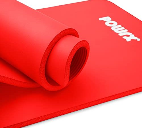 POWRX Tappetino Fitness 183 x 60 x 1 cm - Tappeto palestra ideale per Ginnastica, Yoga e Pilates - Ecocompatibile con Tracolla e Sacca Trasporto - Antiscivolo + PDF Workout (Rosso)