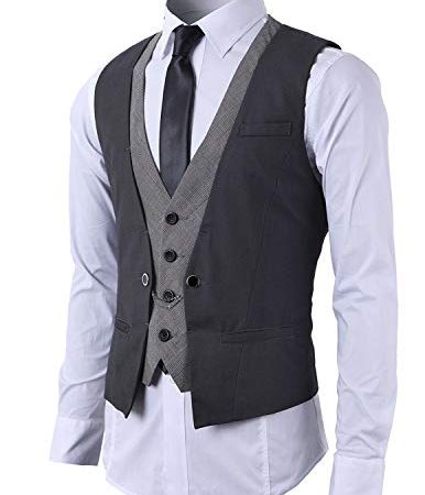 STTLZMC Gilet Uomo Slim Fit Elegante Casual Smanicato Scollo a V Panciotto Matrimonio Corpetto 2in1 Blazer(Niente Camicia),grigio,large