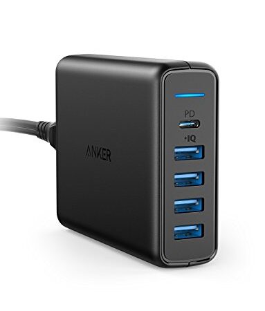 Anker Power Port, 5 Porte USB, Caricatore da 60 W, 1 Porta con Power Delivery per Apple MacBook, Nexus 5 X/6P e 4 Porte PowerIQ per iPhone, iPad, Samsung e Altri dispositivi.