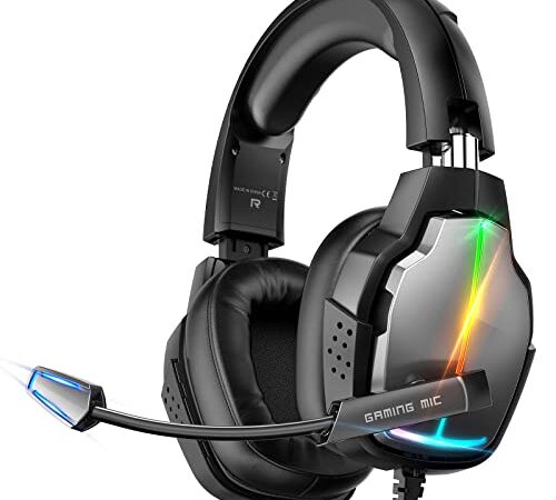 Cuffie Gaming PS4, Ruotabili di 90° e Luce RGB, con Microfono con Cancellazione Del Rumore e Trasduttori per Bassi Stereo Premium da 50 mm, Adatte per PS4, PS5, Xbox One, PC, Switch