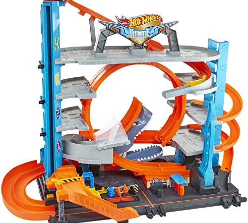 Hot Wheels City Garage delle Acrobazie, Playset con Pista Collegabile, Con Ascensore e Squalo, Spazio per +90 Macchinine, Regalo Bambini 5+ Anni, Esclusivo Amazon