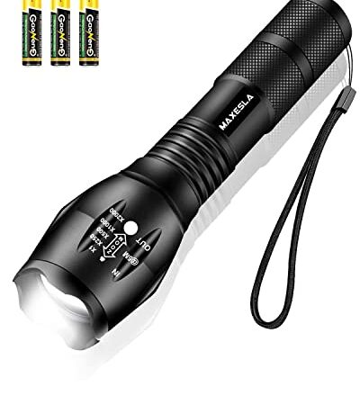 Maxesla Torcia LED Potente Professionale, Impermeabile 2000 Lumen Super Luminoso Mini Torcia Tattica, Portatile Torcia, Torcia Potente 5 modalità di illuminazione, 1 Pack Con 3 x AAA Batterie