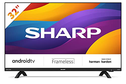 Sharp Aquos 32Di6E 32" Frameless Android 9.0 Smart TV 10 bit HD Ready LED TV, Wi-Fi, DVB-T2/S2, 1366 x 768 Pixels, Nero, suono Harman Kardon, 3xHDMI 2xUSB, 2021 [Classe di efficienza energetica F]