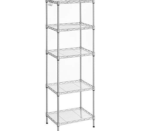 SONGMICS Scaffale da Cucina, Portaoggetti a 5 Ripiani, Scaffale Stretto, 4 Ganci, Organizzatore da Bagno, Pannelli in Plastica PP, Regolabile in Altezza, Metallo, per Cucina, Argento LGR115E01