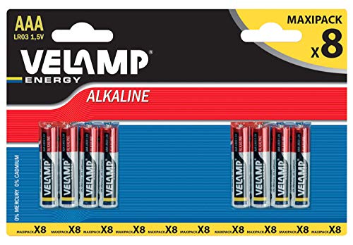 Velamp Pila alcalina MINI STILO LR03 AAA 1,5V - Blister da 8 pile, Rosso