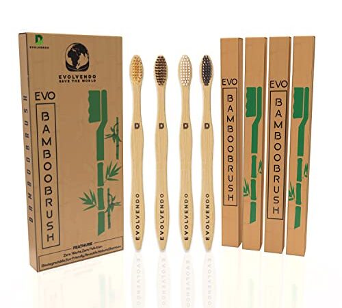 Evo Bamboo Brush By Evolvendo - Spazzolino da Denti in Bambù, 100% Ecologico Biodegradabile in Legno con Setole Durezza Media Senza BPA – 4 pz