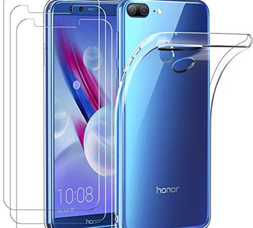 iVoler Custodia Cover per Huawei Honor 9 Lite con 3 Pezzi Pellicola Vetro Temperato, Ultra Sottile Morbido TPU Trasparente Silicone Antiurto Protettiva Case