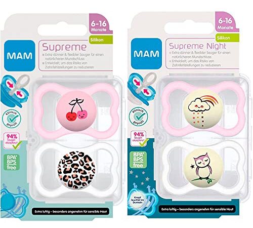 MAM Dental Ciuccio Silicone Supreme 6-16 mesi +, 4 pezzi per le ragazze, include 2 contenitori per il trasporto sterilizzati