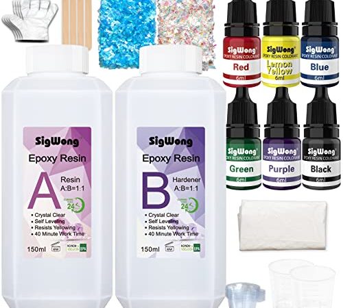 SigWong Resina Epossidica Trasparente Kit Principianti 300ml - Rapporto 1:1 Colla Resina Epoxy con Indurente per Creazione Gioielli Fai da Te, Legno, Decorazioni, Resina per Creazioni