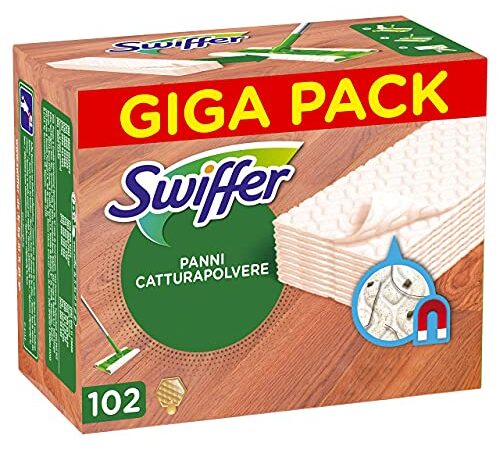 Swiffer Dry Panni Cattura Polvere, 102 Panni, Cattura e Intrappola Polvere e Sporco, Ottimo per i Peli di Animale, per Tutti i Tipi di Pavimenti, Maxi Formato